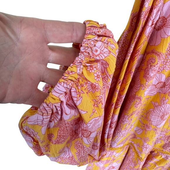 Romantic Gypsy Orange Pink Floral Long Sleeve V-Neck Rayon Flowy Boho Dress 4X - Picture 7 of 9
